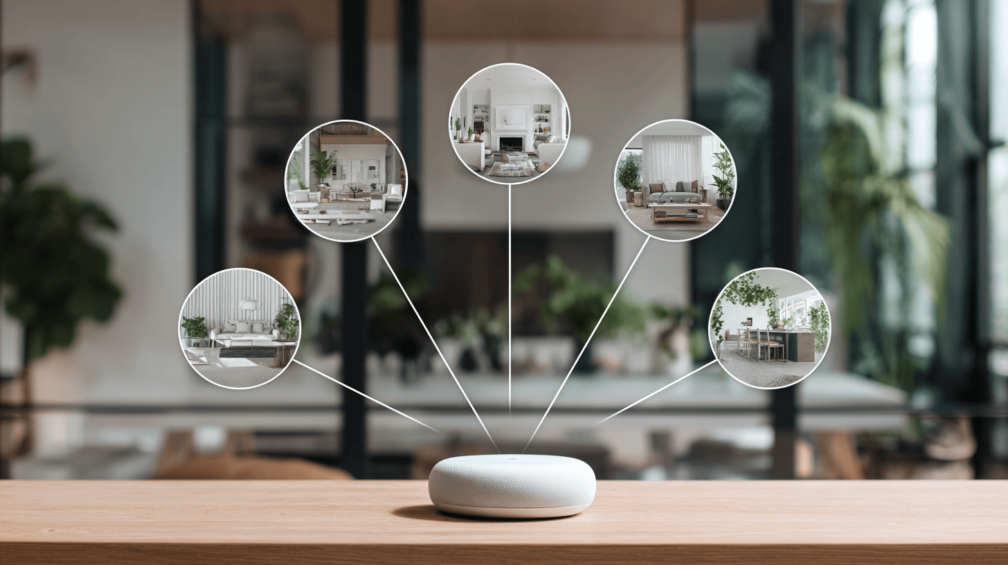 An image showing a variety of smart home voice assistants, like Amazon Alexa, Google Assistant, and Apple's Siri