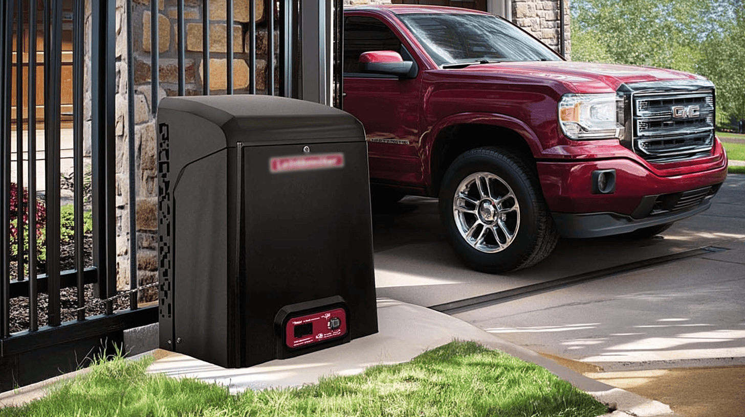 Close-up of a smart gate controller and smart motor assembly for an automated residential driveway gate